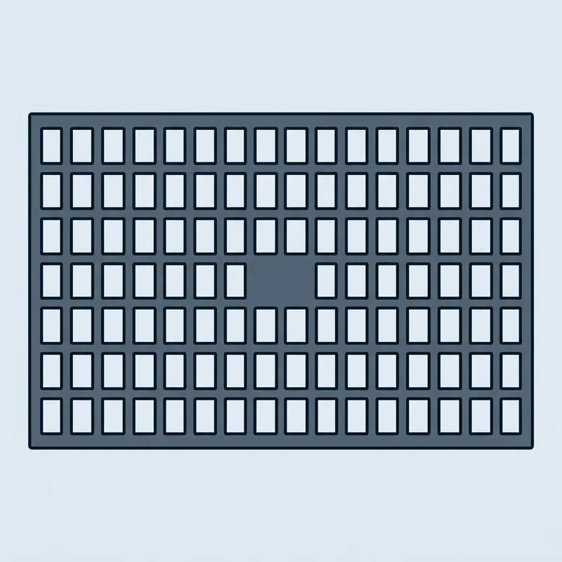 A wide flat panel filled with rows of small identical rectangles, with one rectangle in a middle row missing
