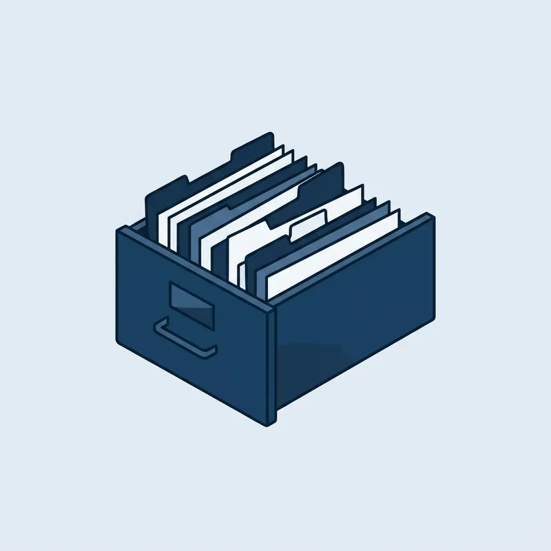 A filing drawer pulled partly open showing rows of upright folder tabs at uneven heights