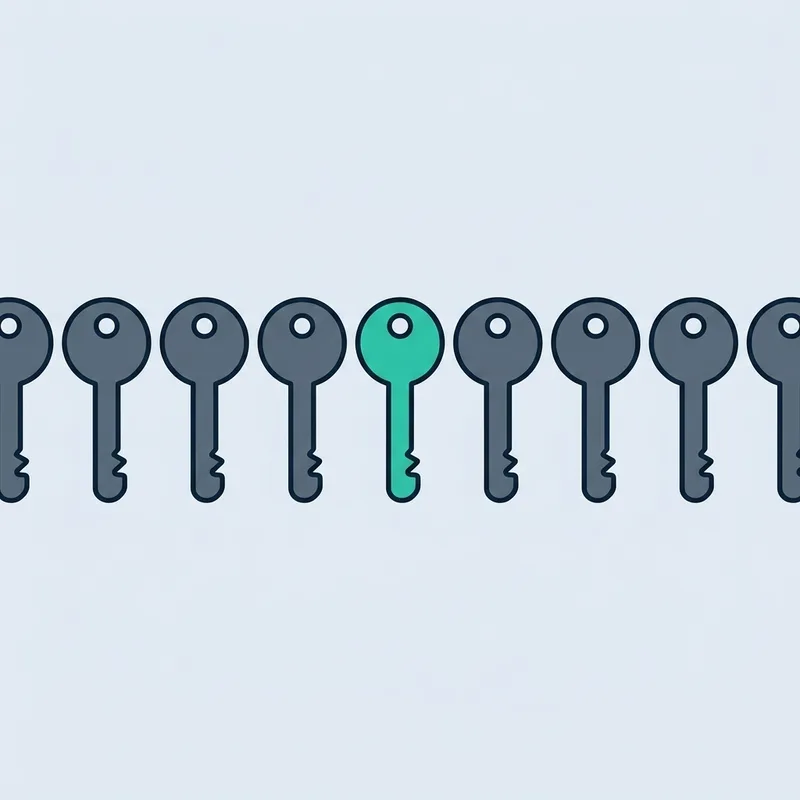 A row of identical small keys laid out in a line on a plain surface, seen from above