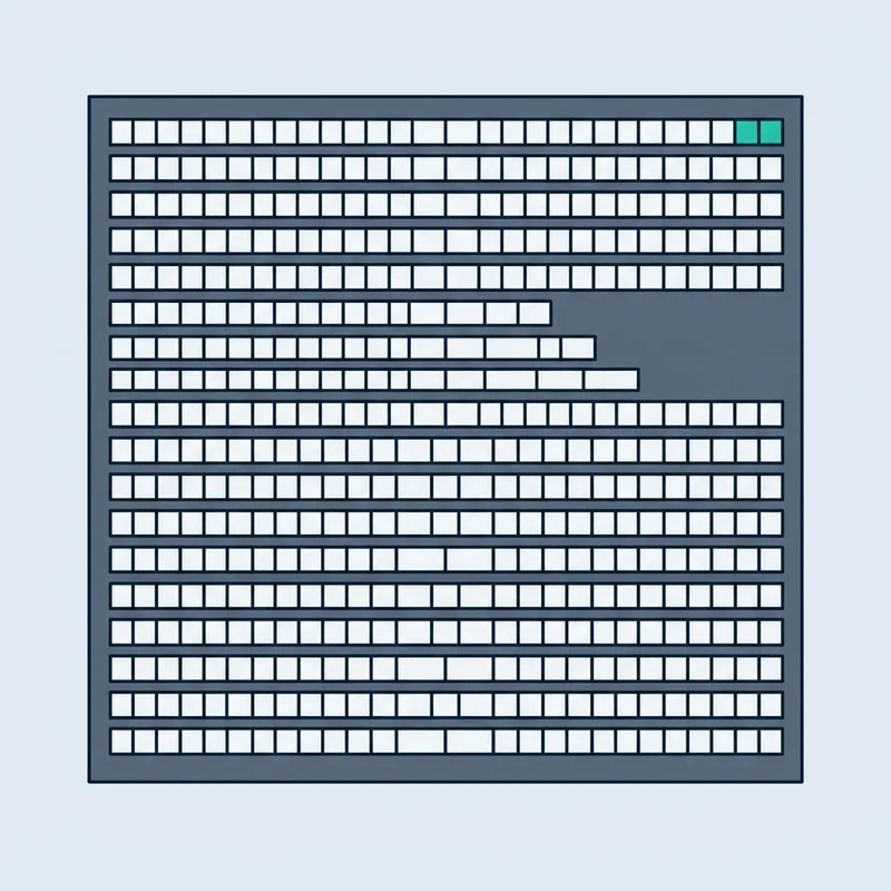 A wide flat panel showing rows of small identical rectangles, with a few rows aligned differently from the rest