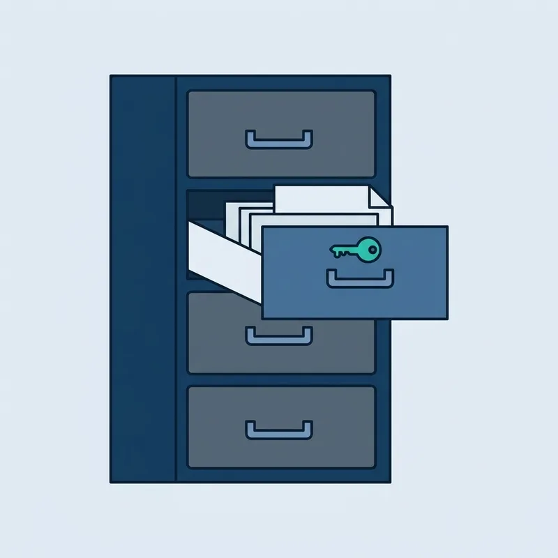 A row of filing cabinet drawers seen straight on with one drawer pulled partly open