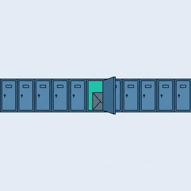 A long row of identical closed mailboxes on a plain wall with one of them standing open