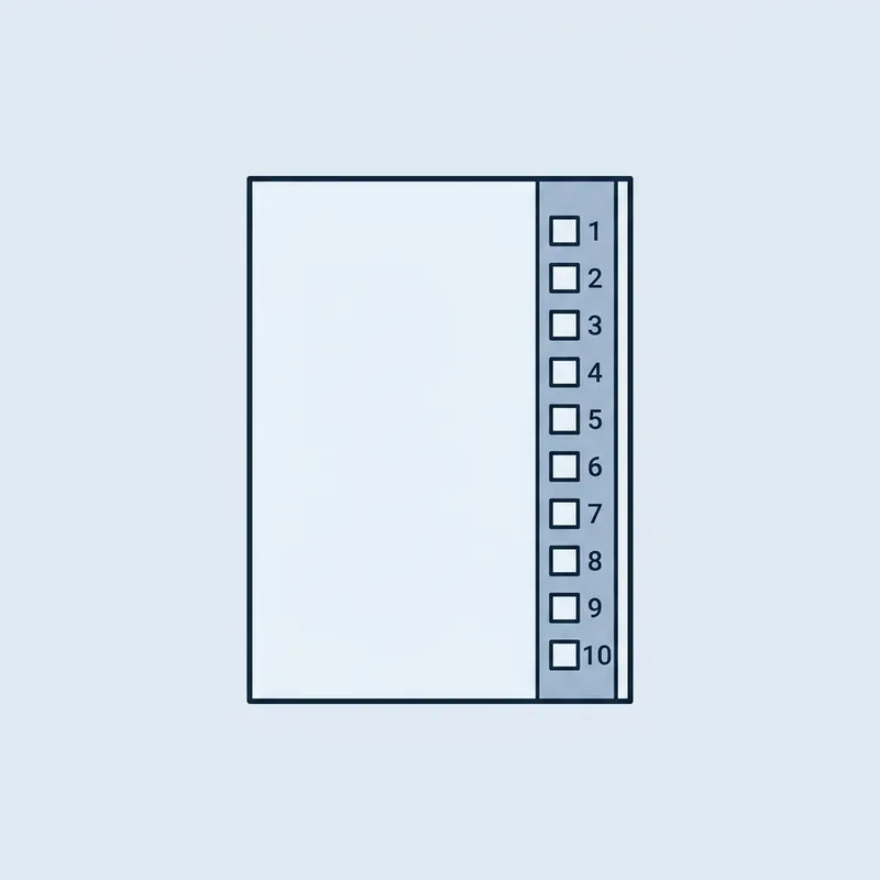 A single printed page lying flat on a plain surface, seen from above, with a column of small numbered boxes down one side