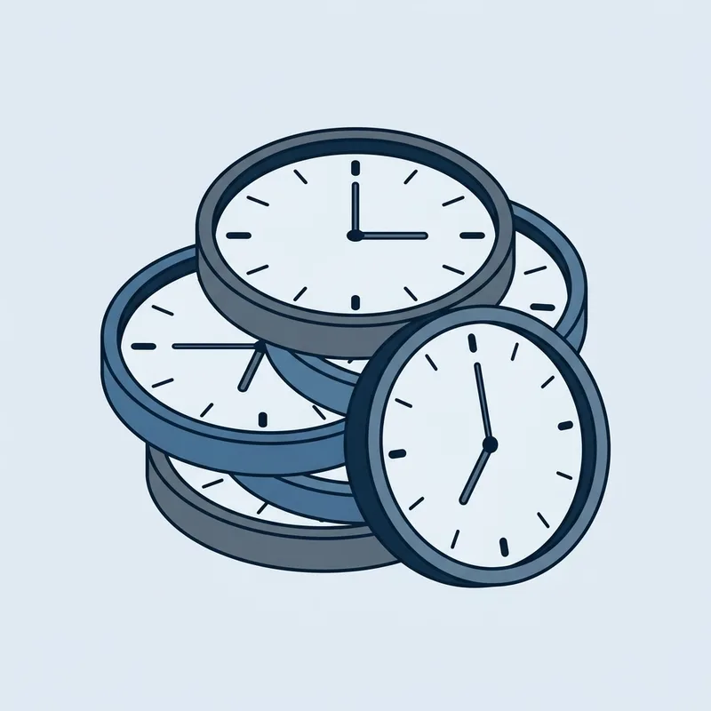 Several plain wall clocks lying stacked flat on a surface, each face showing a different time
