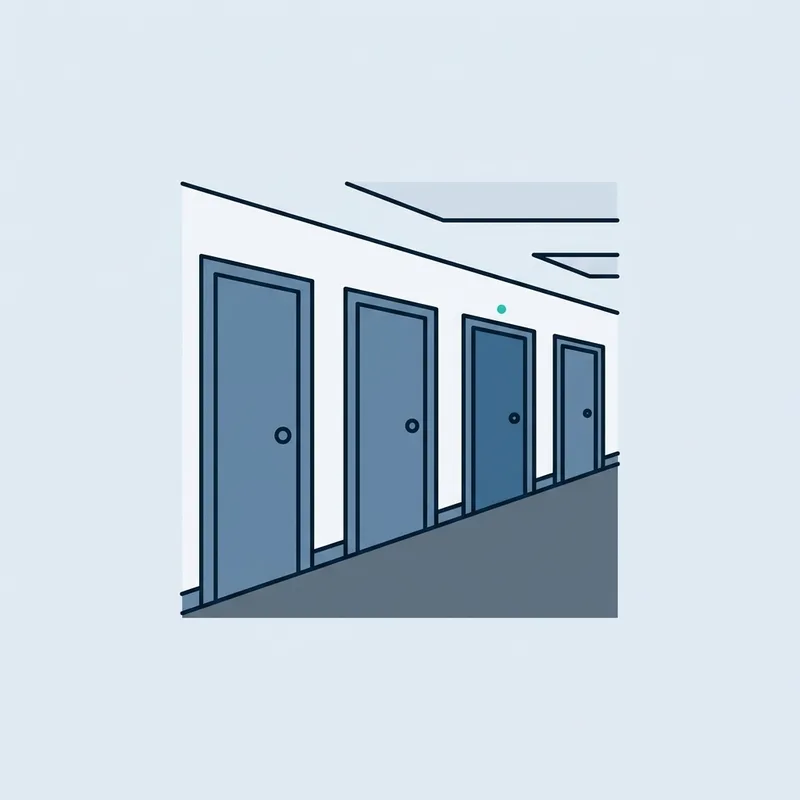 A row of closed office doors of different widths along a plain corridor