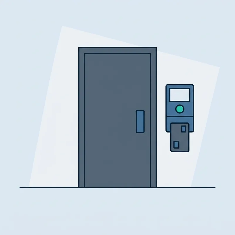 A wall-mounted access card reader beside a closed door in an empty corridor