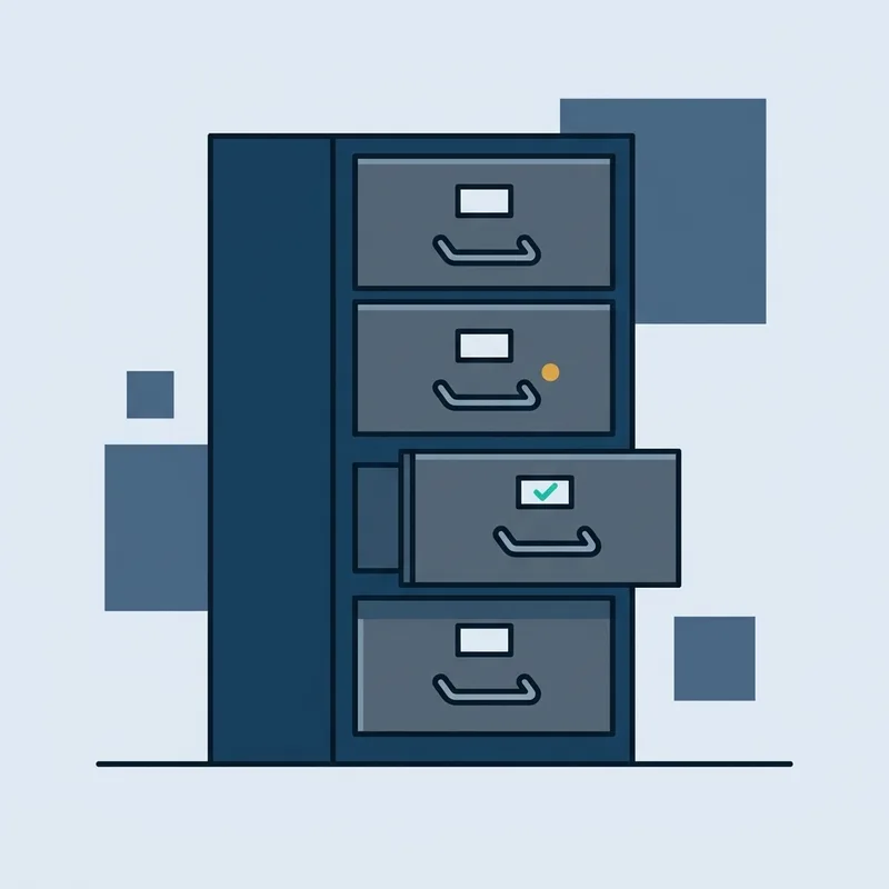A row of closed metal filing drawers in an office with no people in the frame
