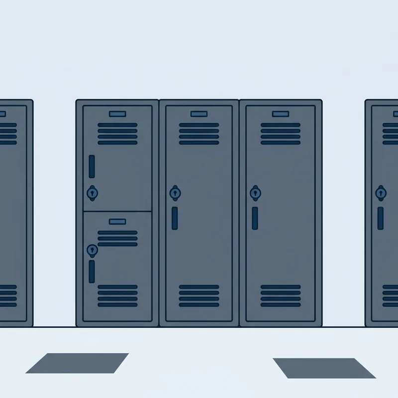 A row of closed metal lockers along an empty school corridor