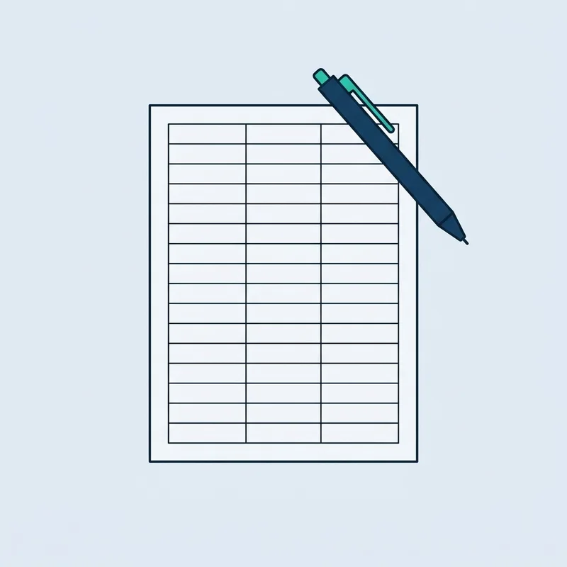 A single printed ledger page lying flat on a plain surface with a pen resting across one corner
