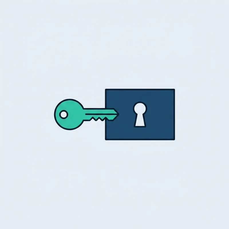 A small metal key lying flat beside a plain lock plate on an empty surface, seen from above