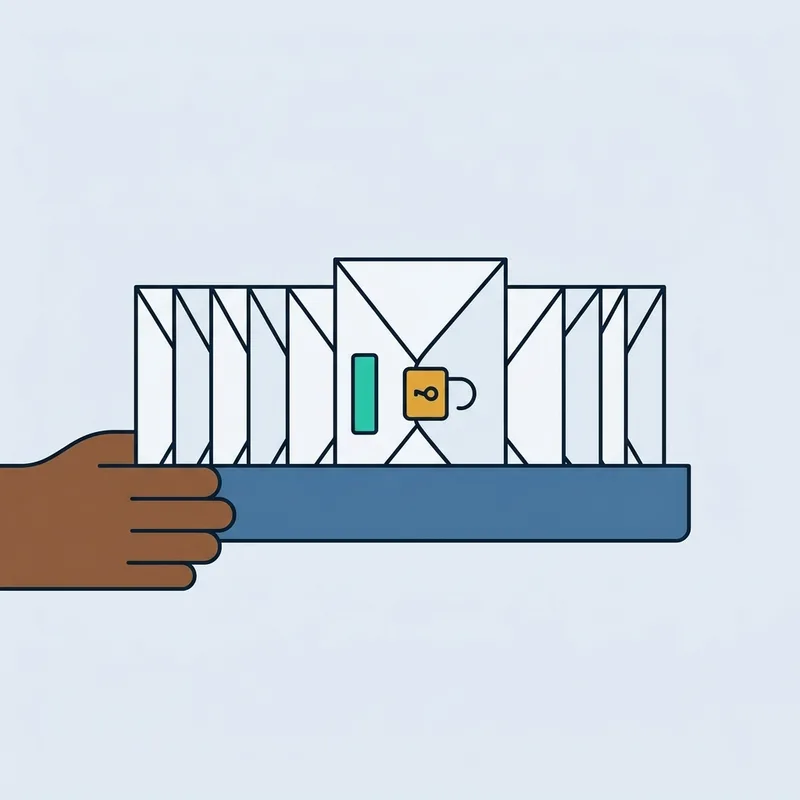 A row of identical sealed envelopes standing upright in a tray, seen from the side, with one turned to face outward