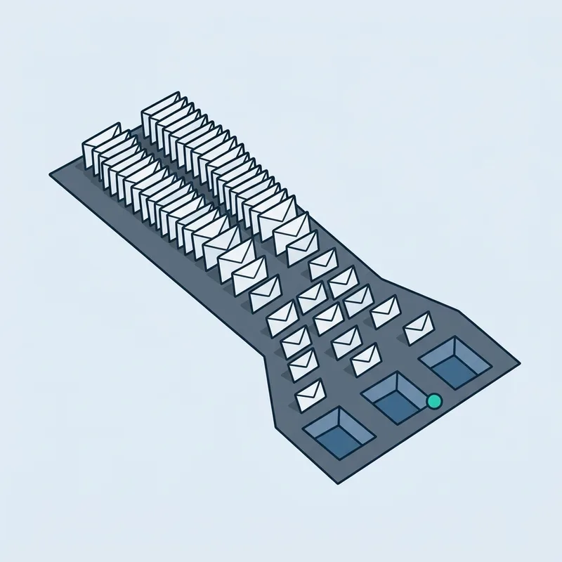 Rows of paper envelopes moving through a set of narrowing slots on a flat surface