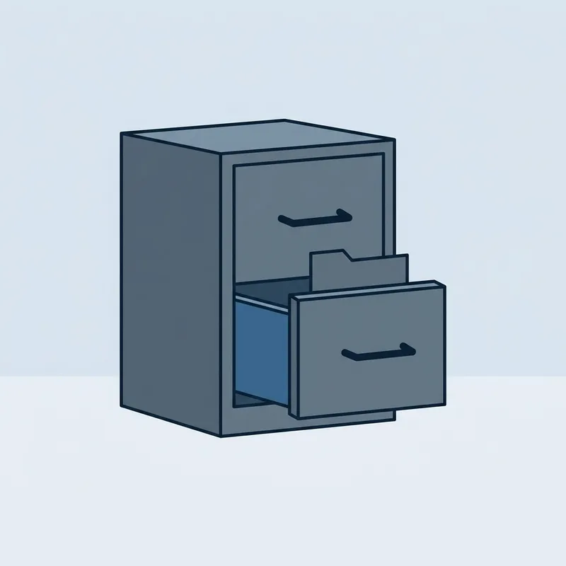 A single metal filing cabinet drawer standing open on a plain surface