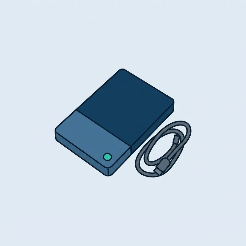 A single external hard drive lying flat on a plain surface beside a short cable