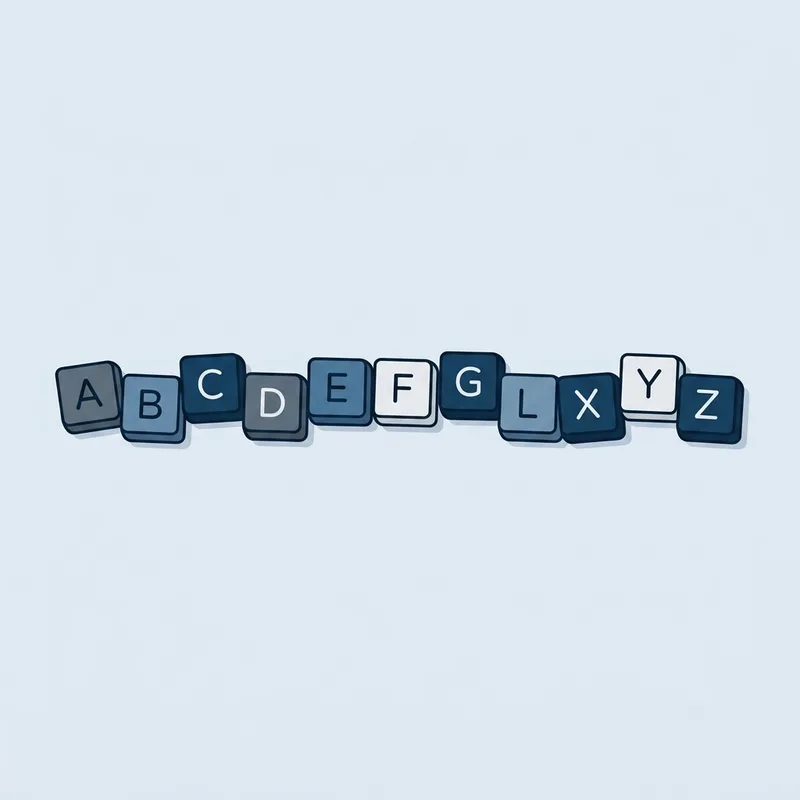 A row of loose letter tiles of uneven height lying on a plain surface