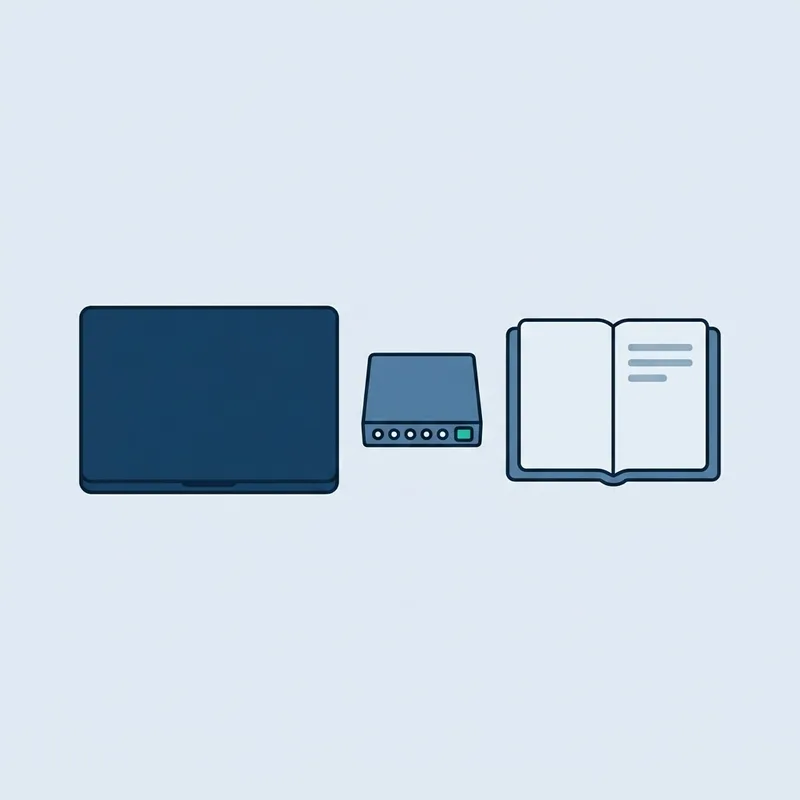 A plain desk seen from above with a closed laptop, a small network switch and a notebook arranged in a row