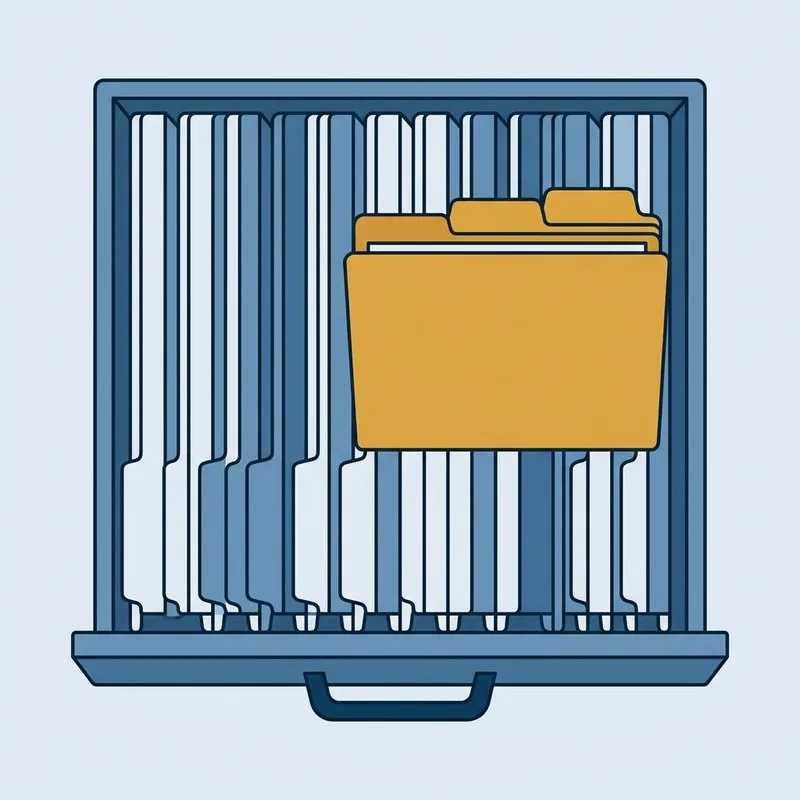 An open filing drawer seen from directly above with one folder standing higher than the rest