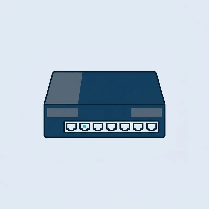 A rectangular network device photographed straight on, with a row of small identical ports along one edge