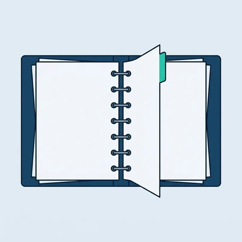 An open ring binder lying flat on a plain surface with a tabbed divider standing up between the pages