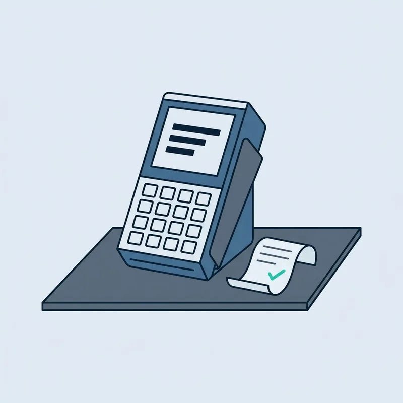 A small card payment terminal standing upright on a plain counter with a receipt beside it