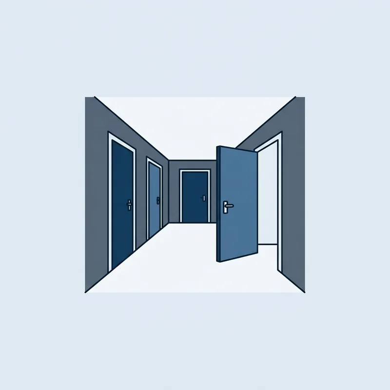 A long corridor of identical closed doors with one standing open