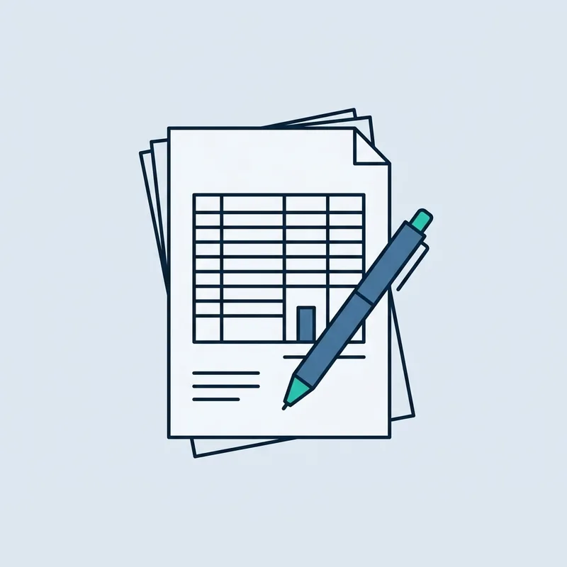 A printed multi-page document lying flat on a plain desk with a pen resting on top of it