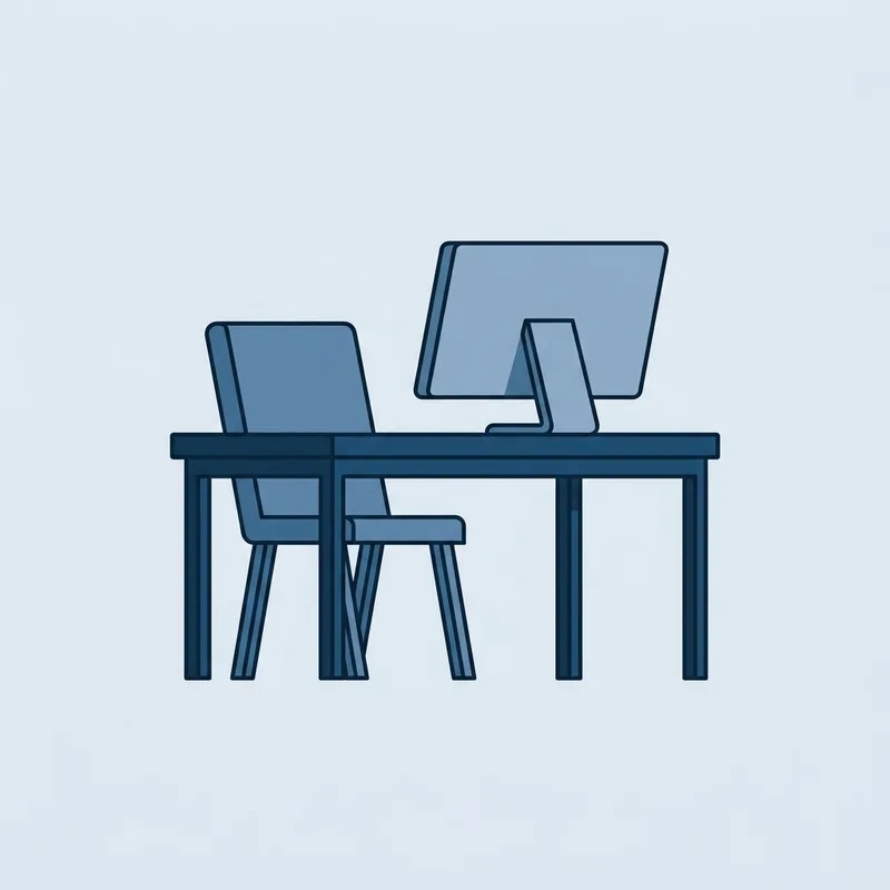 An empty chair pulled up to a desk, with the screen turned away from the viewer