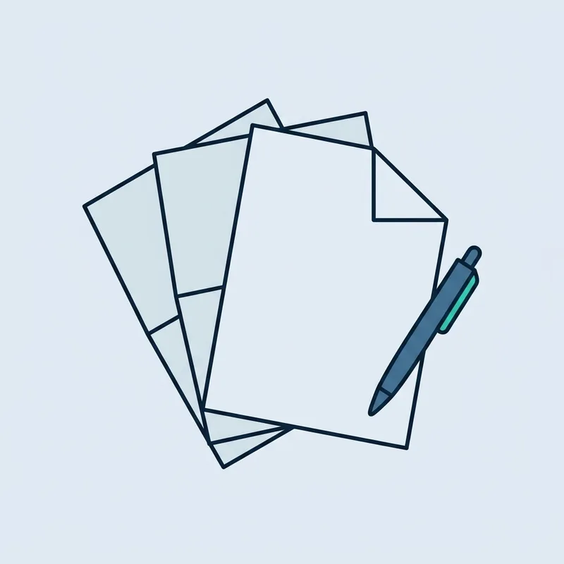 Three folded paper quotes fanned out on a plain desk beside a pen