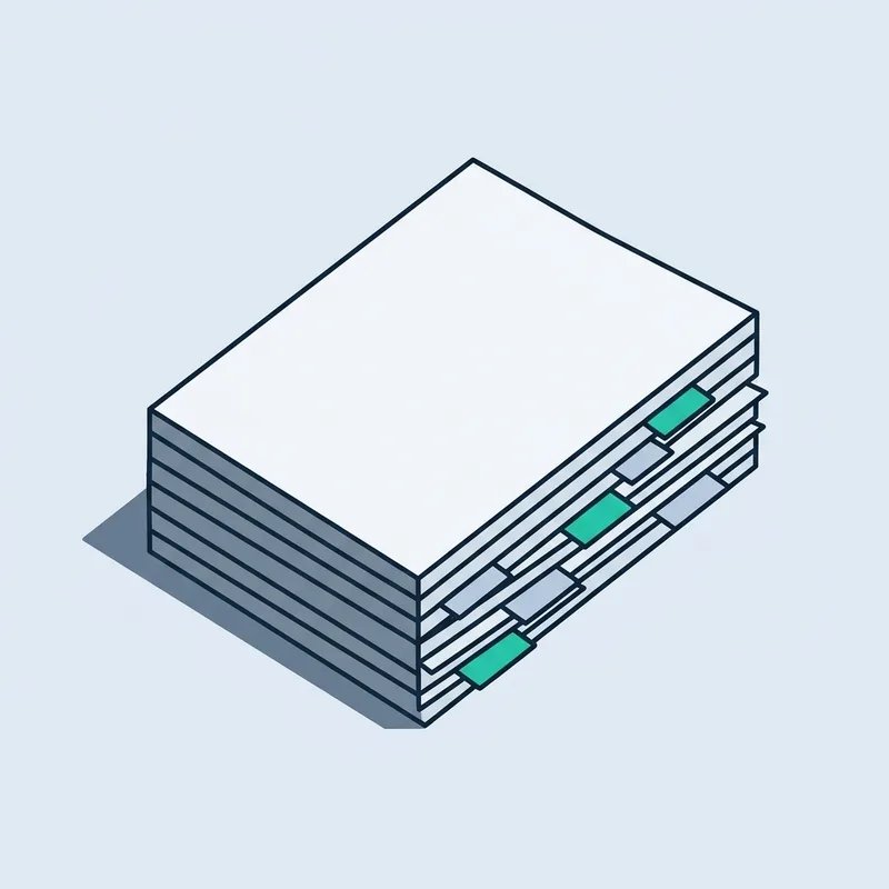A stack of paper sheets with a run of consecutive pages marked by narrow tabs along one edge