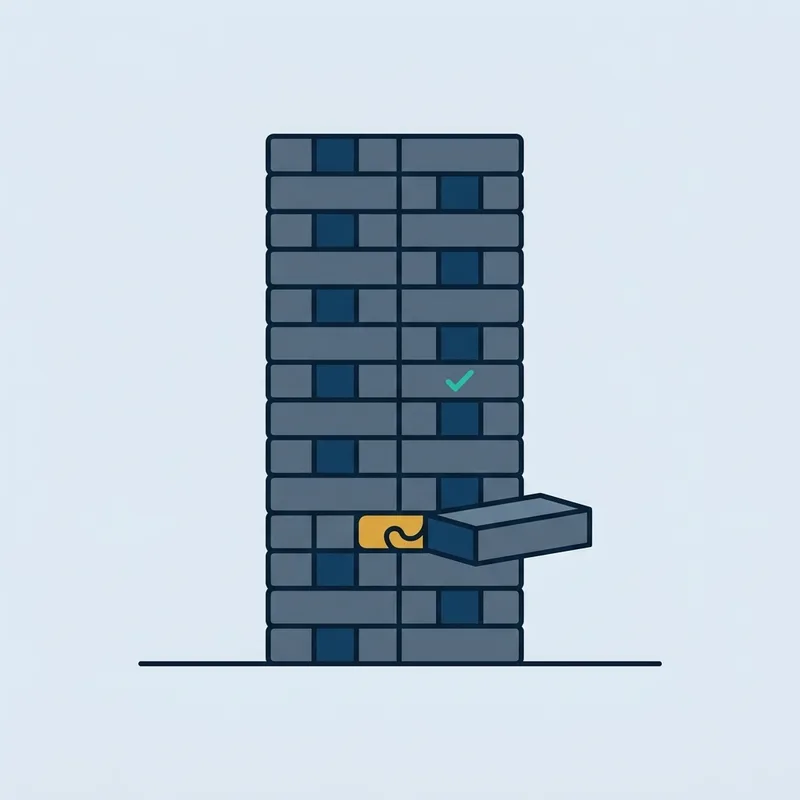 A tall stack of small identical blocks on a plain surface, with one block near the bottom pulled slightly out of line