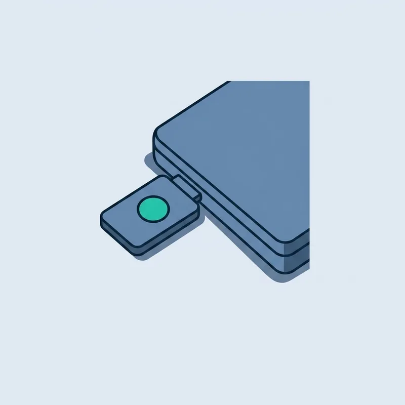 A small hardware security key resting on a plain flat surface next to a laptop edge