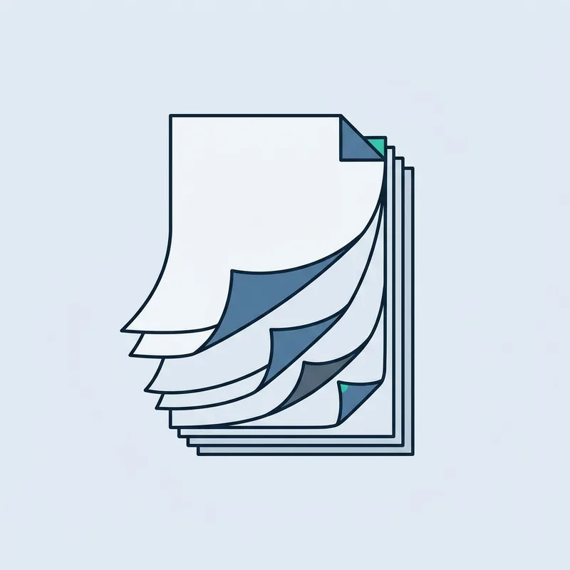A stack of paper documents on a plain surface with several page corners folded outward