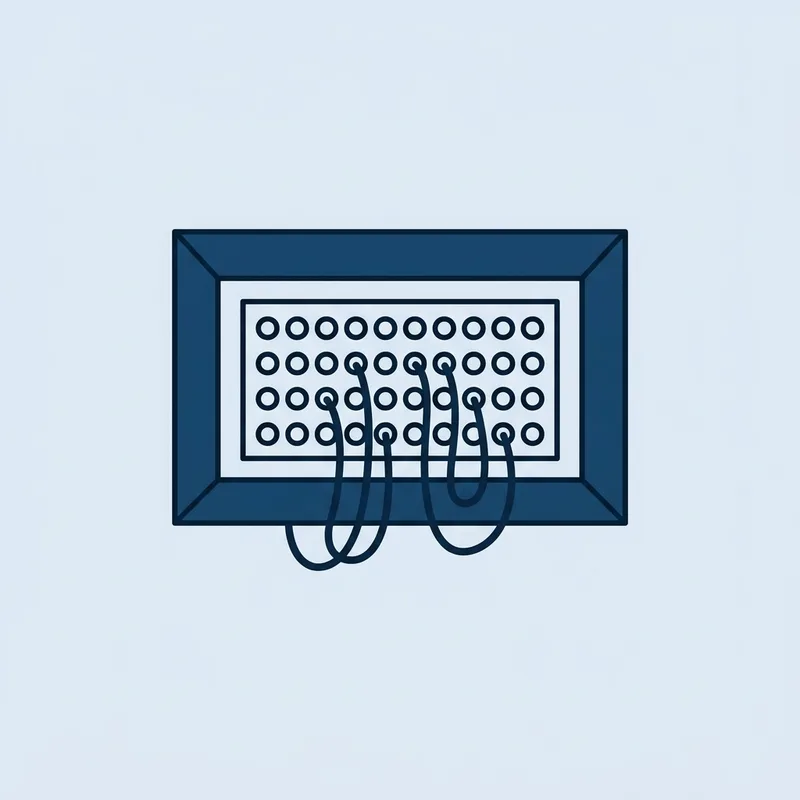 A network patch panel photographed straight on, with cables running to only a few of its ports