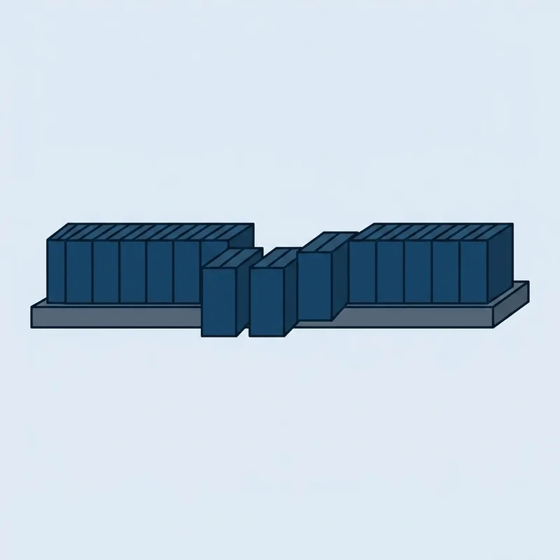 A long shelf of identical closed boxes with three of them pulled forward past the edge