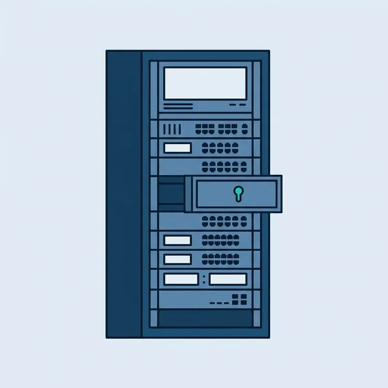 A rack of network equipment photographed straight on, with one panel pulled slightly out