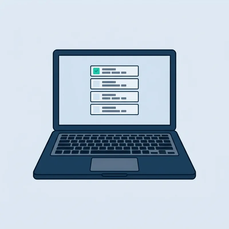 A laptop open on a plain surface showing a short list of plain rows on its screen