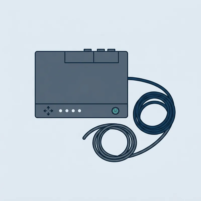 A home internet router lying flat on a plain surface, seen from above, with its cables coiled beside it