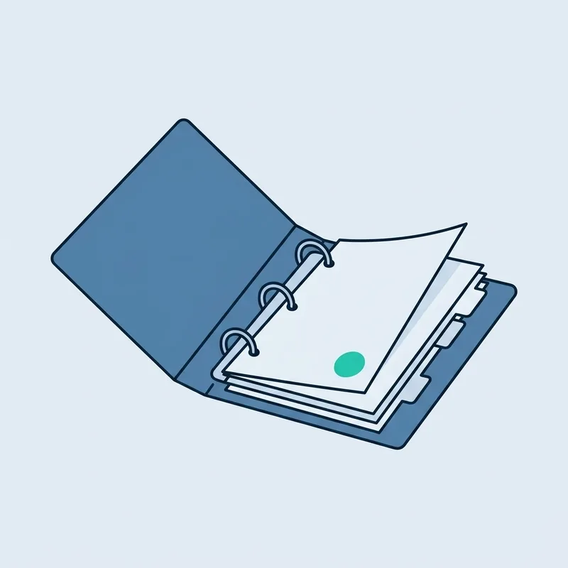 A binder lying open on a desk with tabbed dividers separating sections of paper