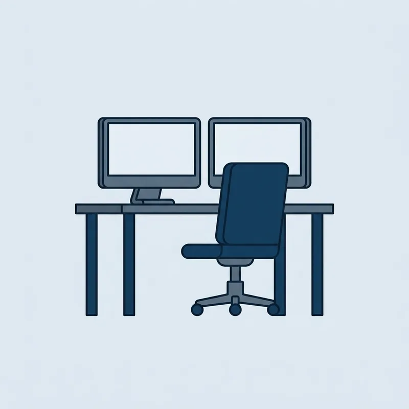 An empty desk with a single chair and two blank monitors, viewed straight on