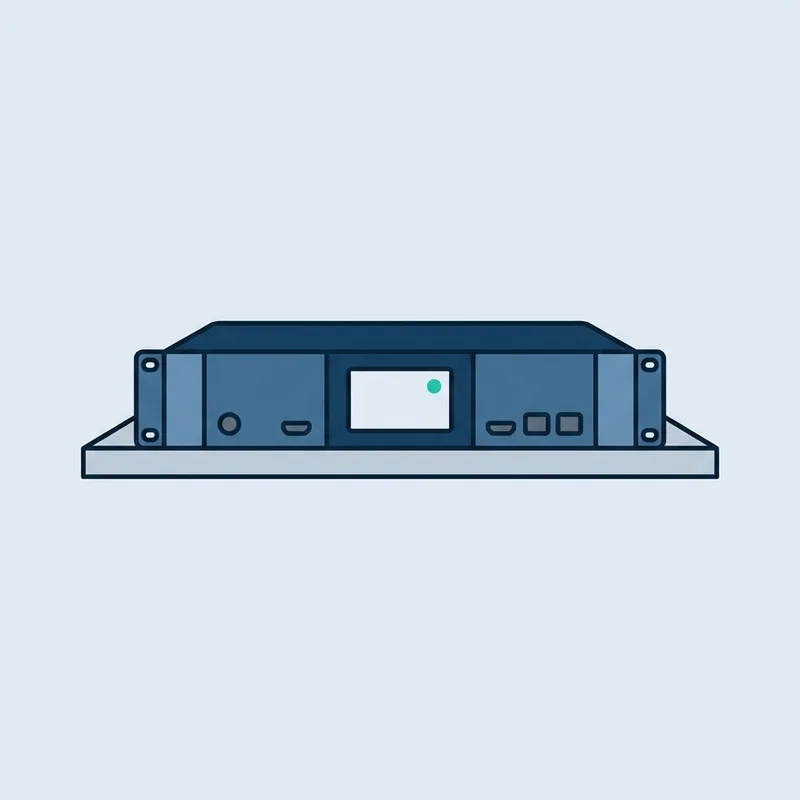 A single rack-mounted network appliance on a plain shelf, seen straight on