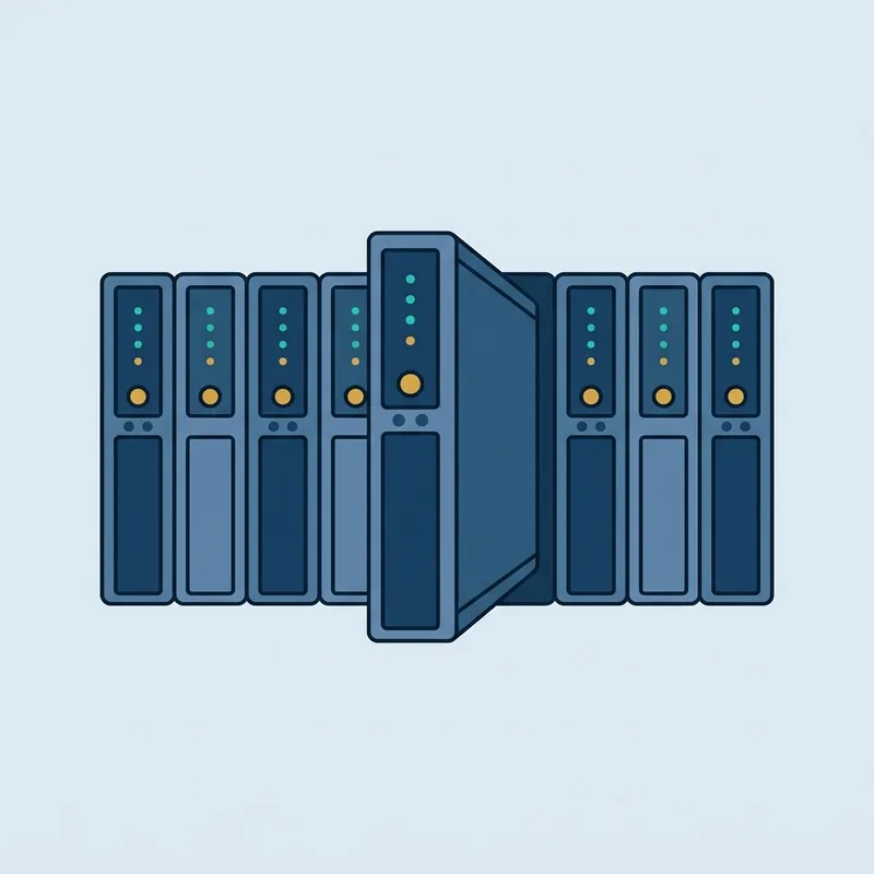 A row of rack mounted servers seen straight on, with one unit pulled forward from the row