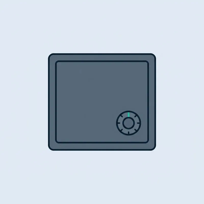 A closed metal deposit box standing on a wide plain surface, seen straight on