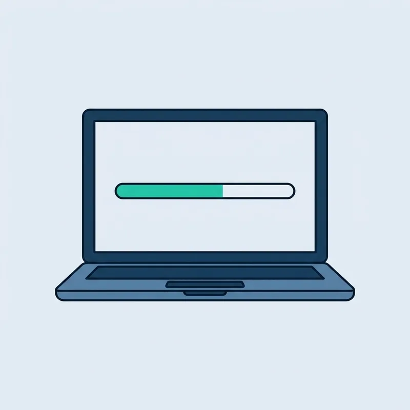 A laptop on a plain surface showing a full screen progress bar partway across