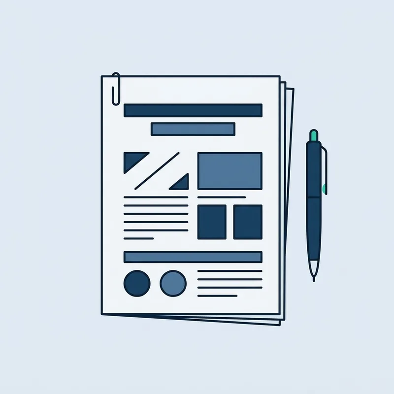 A stapled printed report lying flat on a plain desk with a pen beside it