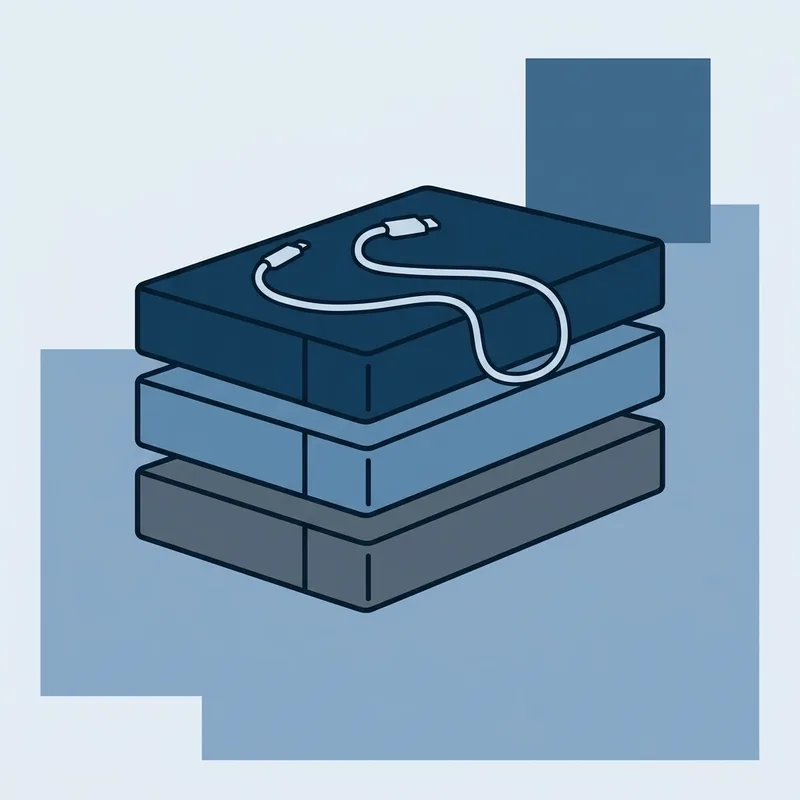 A short stack of external drives on a plain surface with the top one unplugged