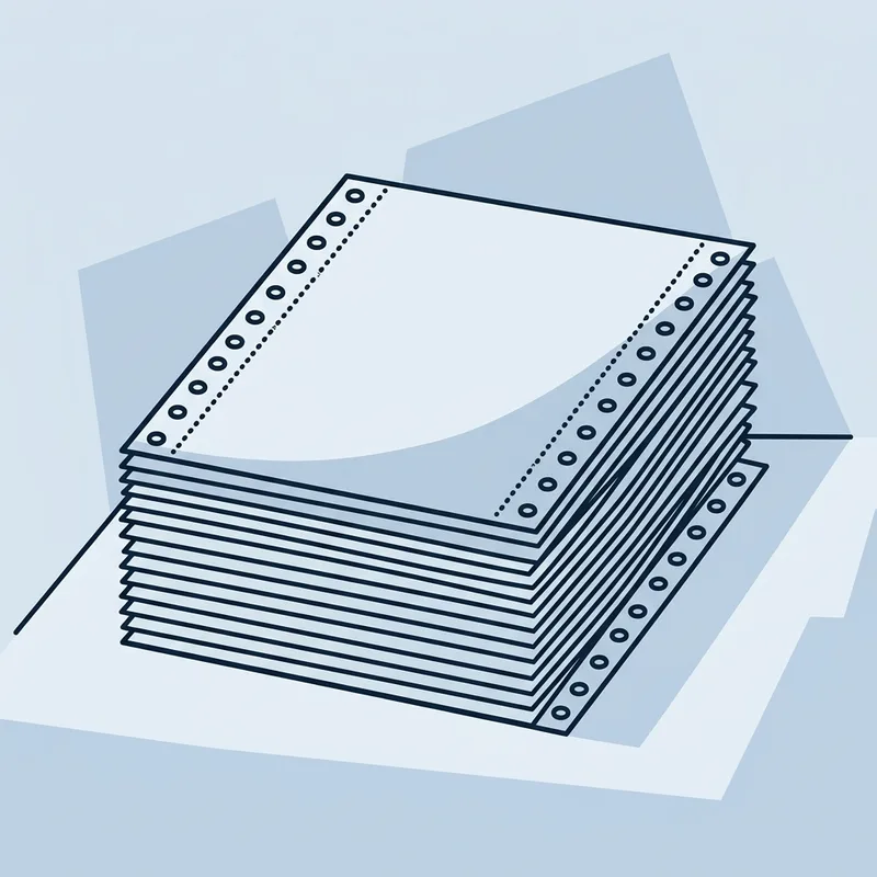 A folded stack of continuous-feed printer paper resting on a plain surface