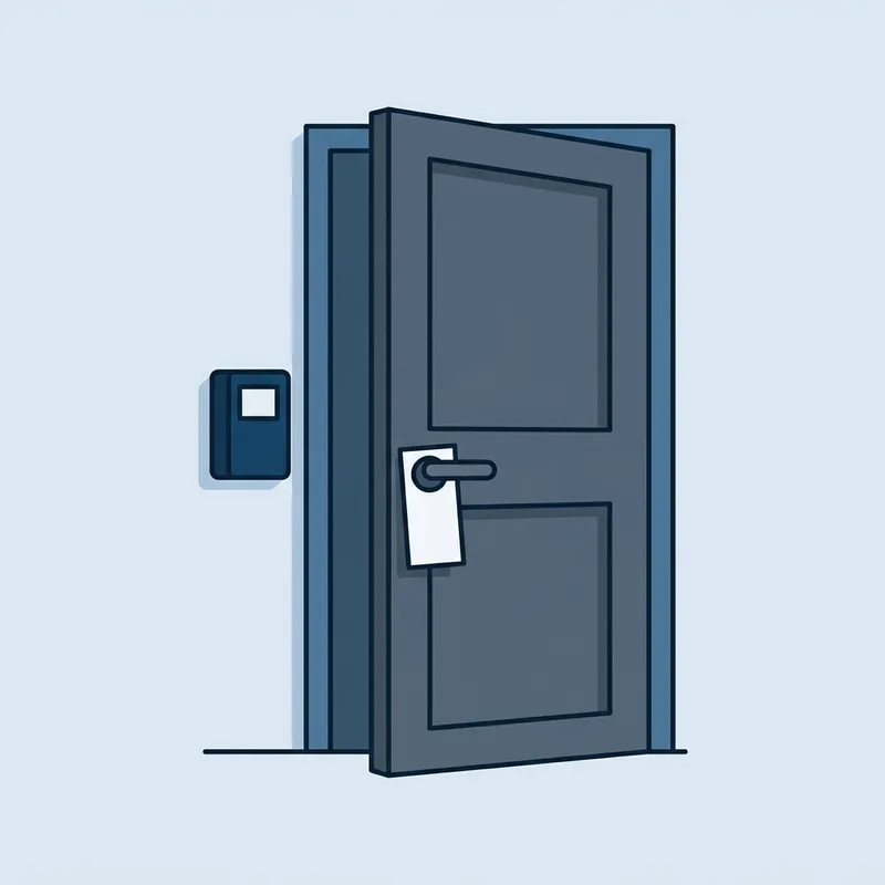 A door badge reader beside a propped door with a single visitor badge hanging from it