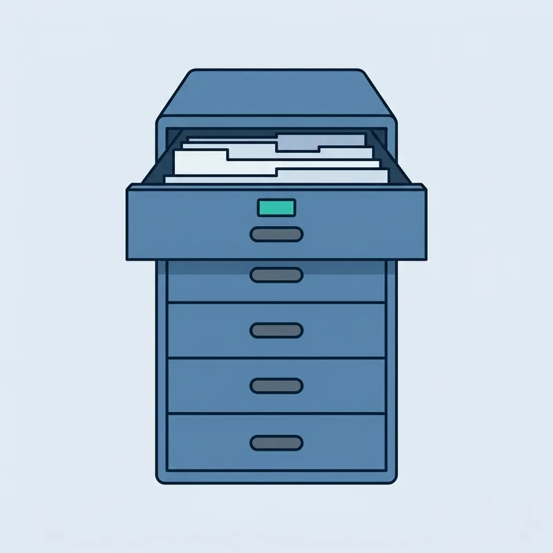 A row of filing cabinet drawers seen straight on, with one drawer pulled fully open