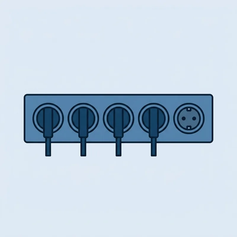 A flat panel with several identical sockets in a row, four of them occupied by plugs and one empty