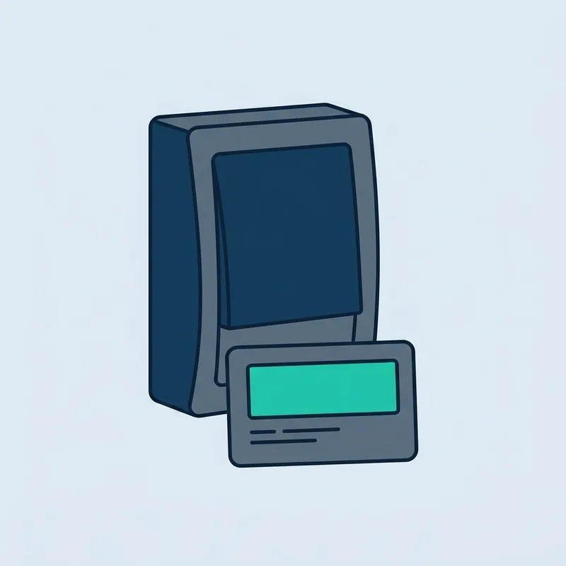 A wall-mounted door access reader photographed straight on against a plain surface